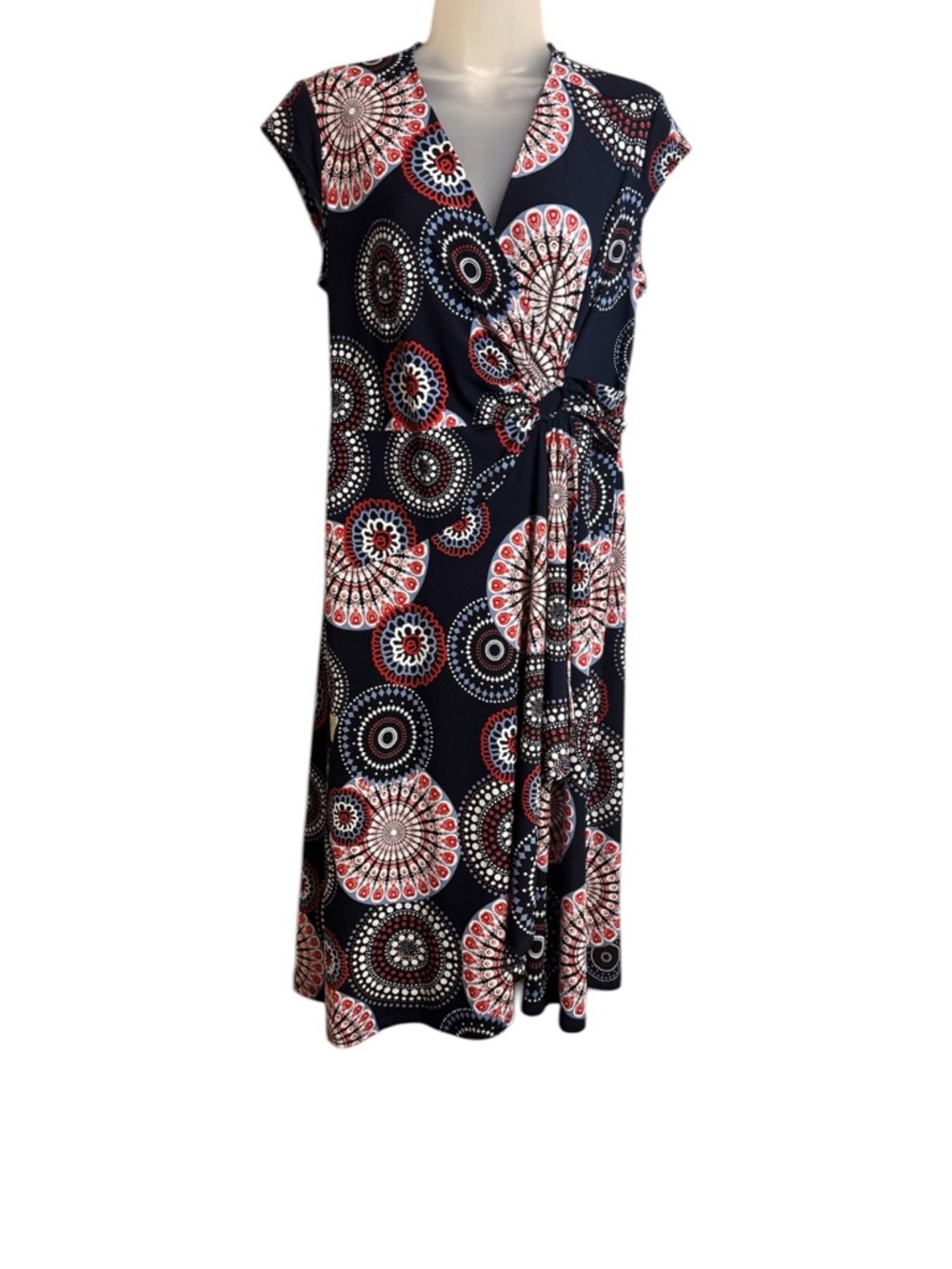 Navy Midi Mock Wrap Figure Flattering Dress Red & White Print LARGE #CL
